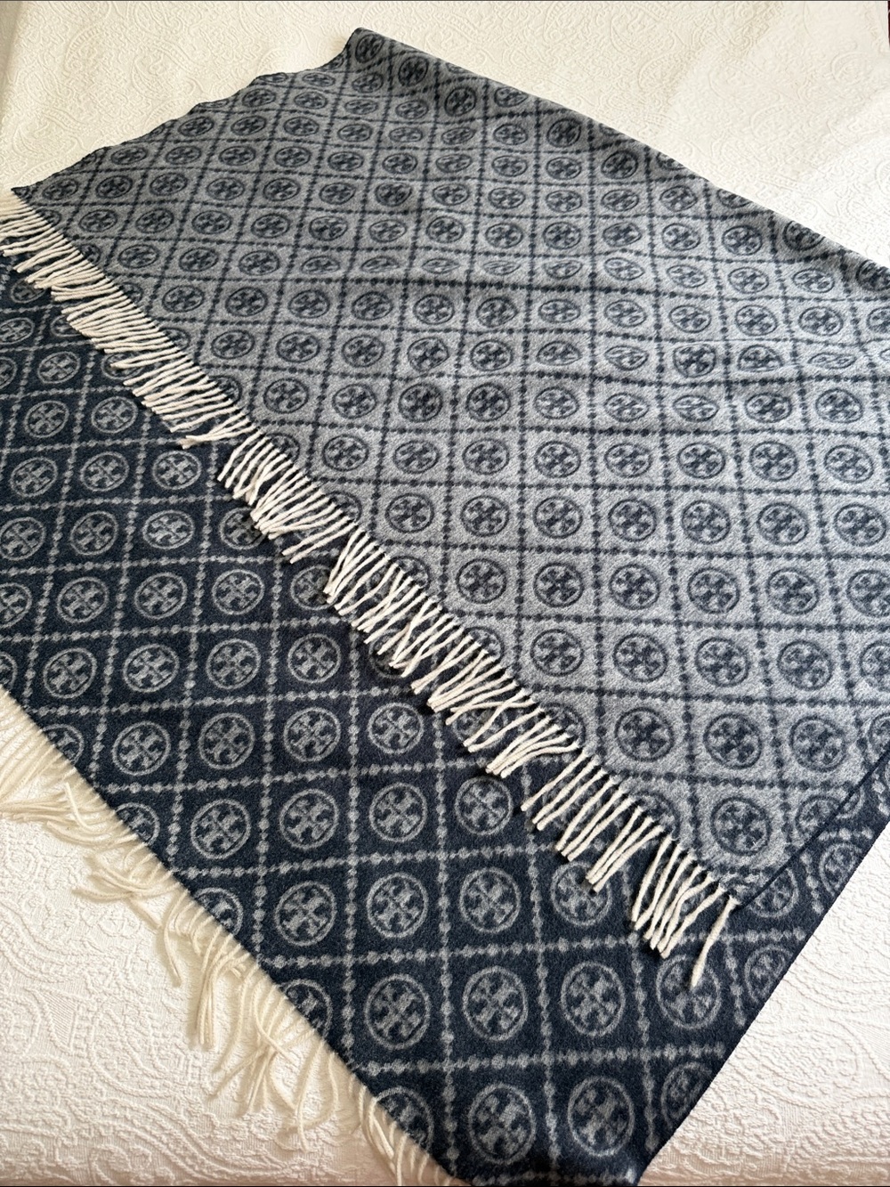 Tory Burch 100% Wool Monogram Reversible Navy and Grey Blanket NWOT
